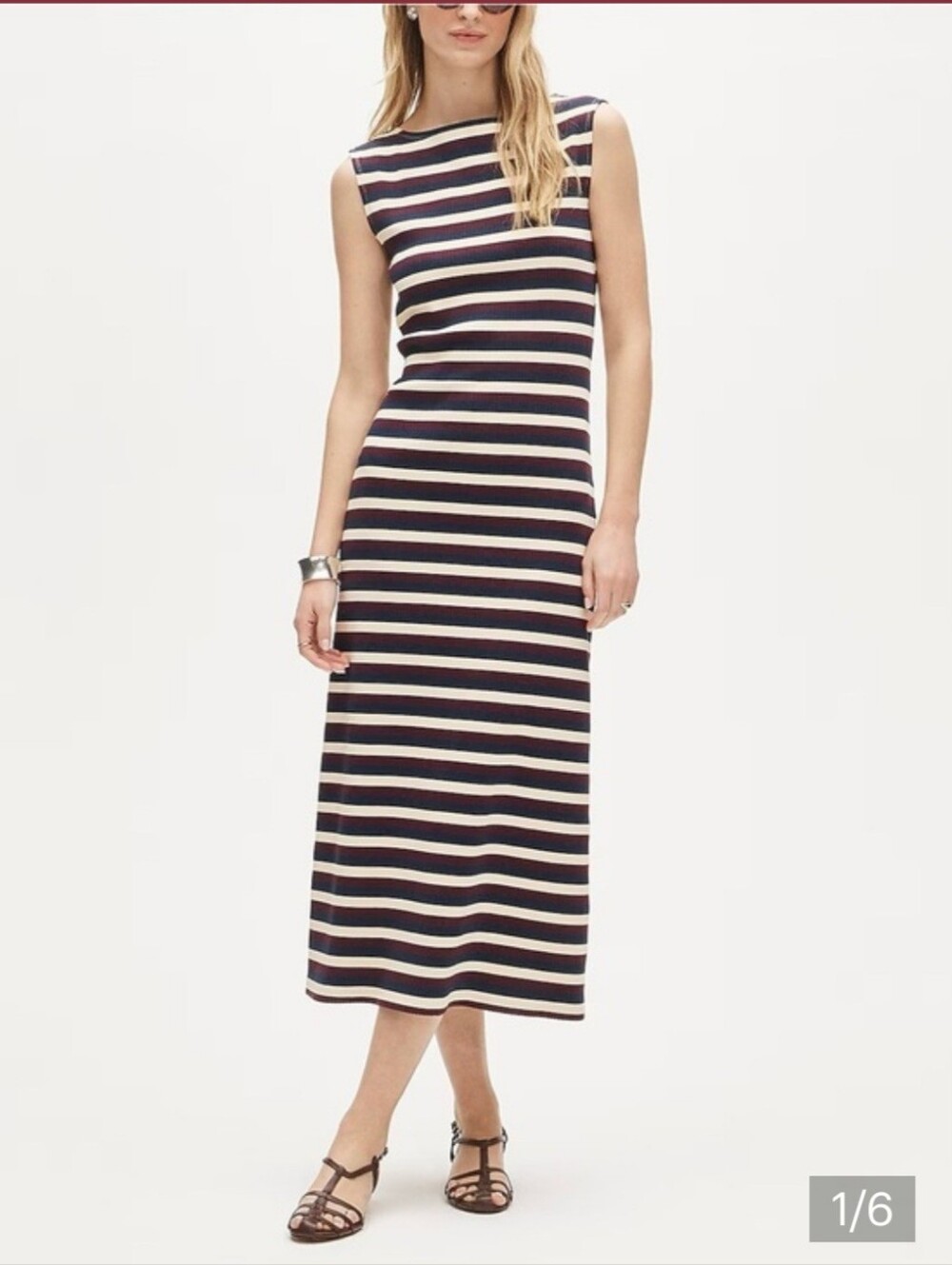 J.Crew Ribbed Knit Sleeveless Midi Dress Navy Burgundy Cream Stripe S